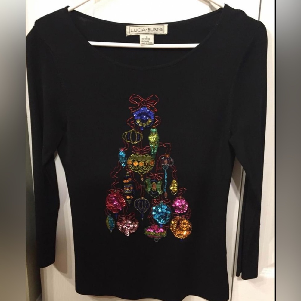 LUCIA BURNS Holiday Christmas Sparkle Festive Beaded Top 3/4 Sleeves Size Small